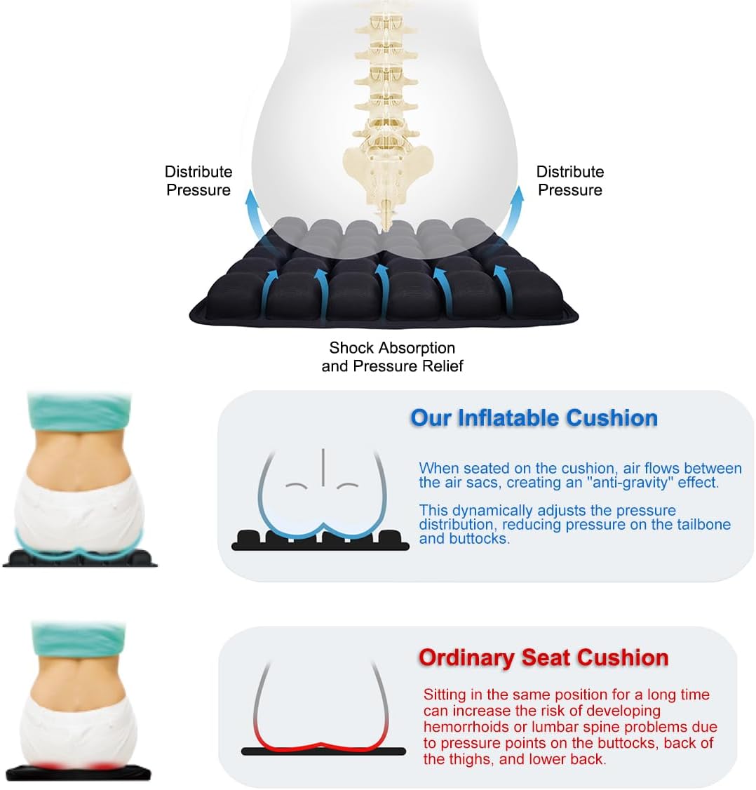 3D Air Cell Inflatable Pressure Relief Seat Cushion, Portable Self-Inflating Pad with Anti-Slip Bottom for Office