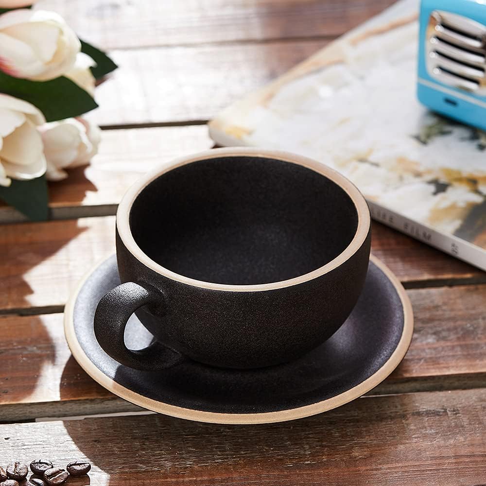 Vintage Design 12 oz Ceramic Latte Art Cappuccino Barista Cup with Saucer (Rough Black)