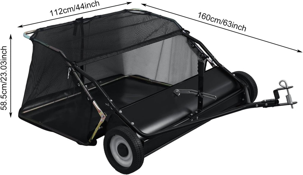 44-Inch Tow Behind Lawn Sweeper, 25 cu.ft Large Capacity Leaf & Grass Collector, Heavy Duty with Adjustable Height &