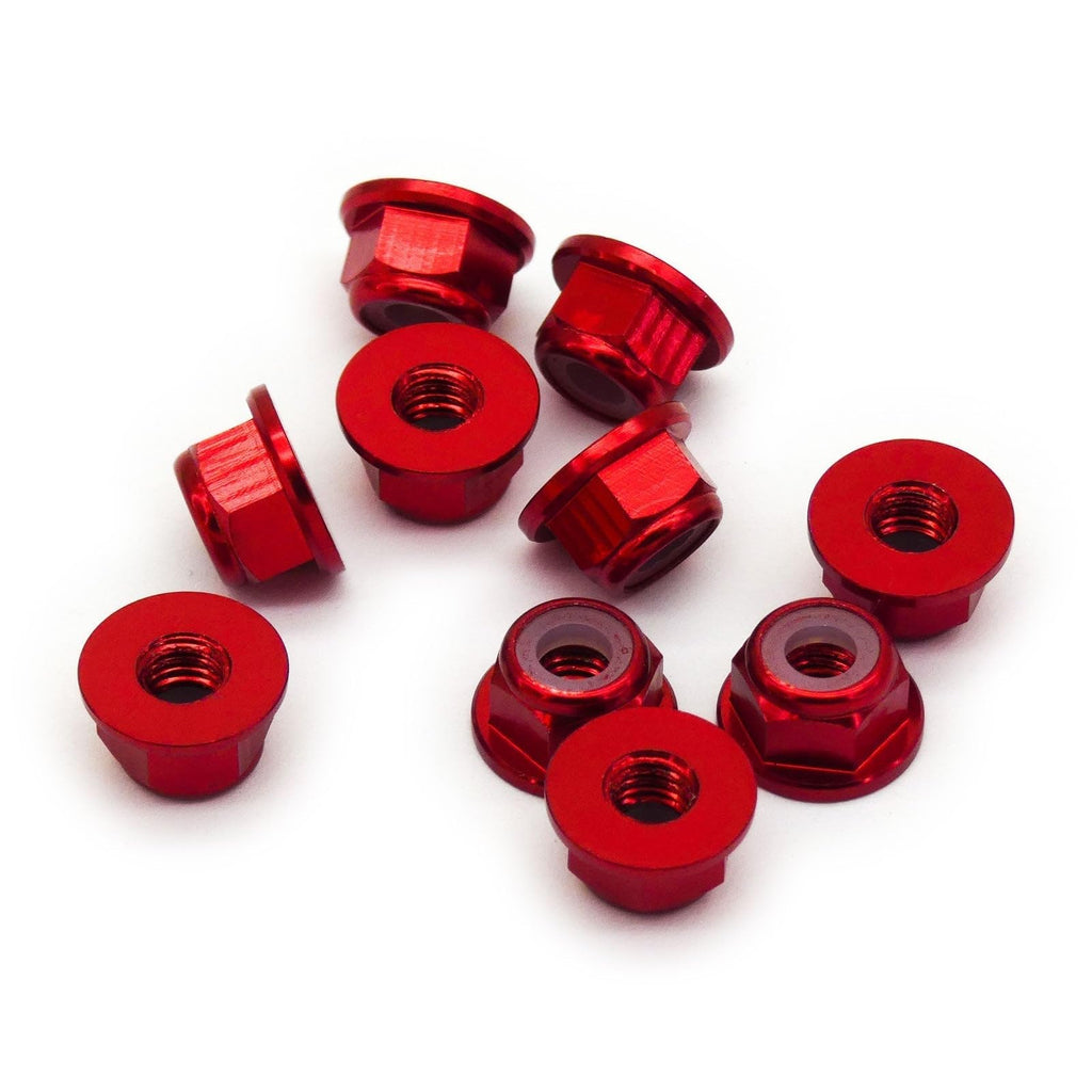 10pcs M4 Locking Flange Hex Nuts w/Nylon Insert Anodized Aluminum (Red)