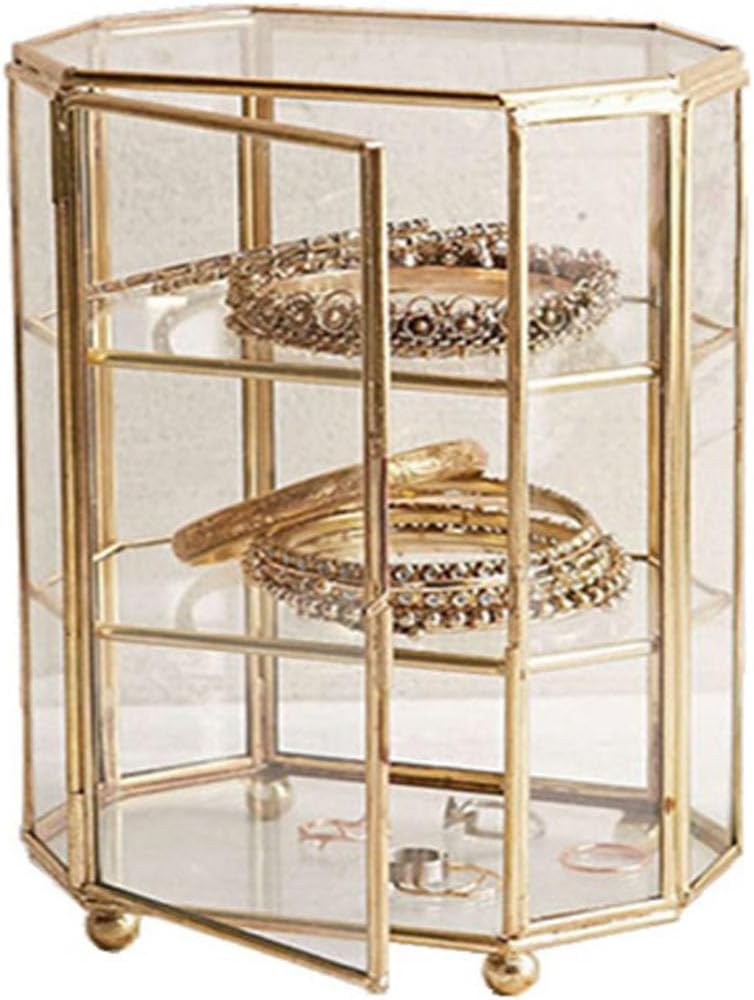 3-Tier Gold Glass Jewelry Makeup Organizer Box | Transparent glass display case for jewelry and cosmetic storage