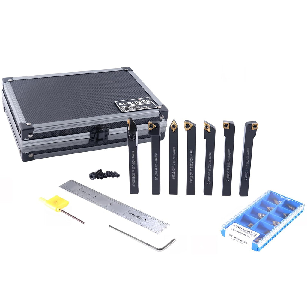 Accusize Industrial Tools 7 Pieces/Set 3/8'' Indexable Carbide Turning Tool Set with 10 Extra Carbide Inserts in Fitted Box, 2387-2003plus