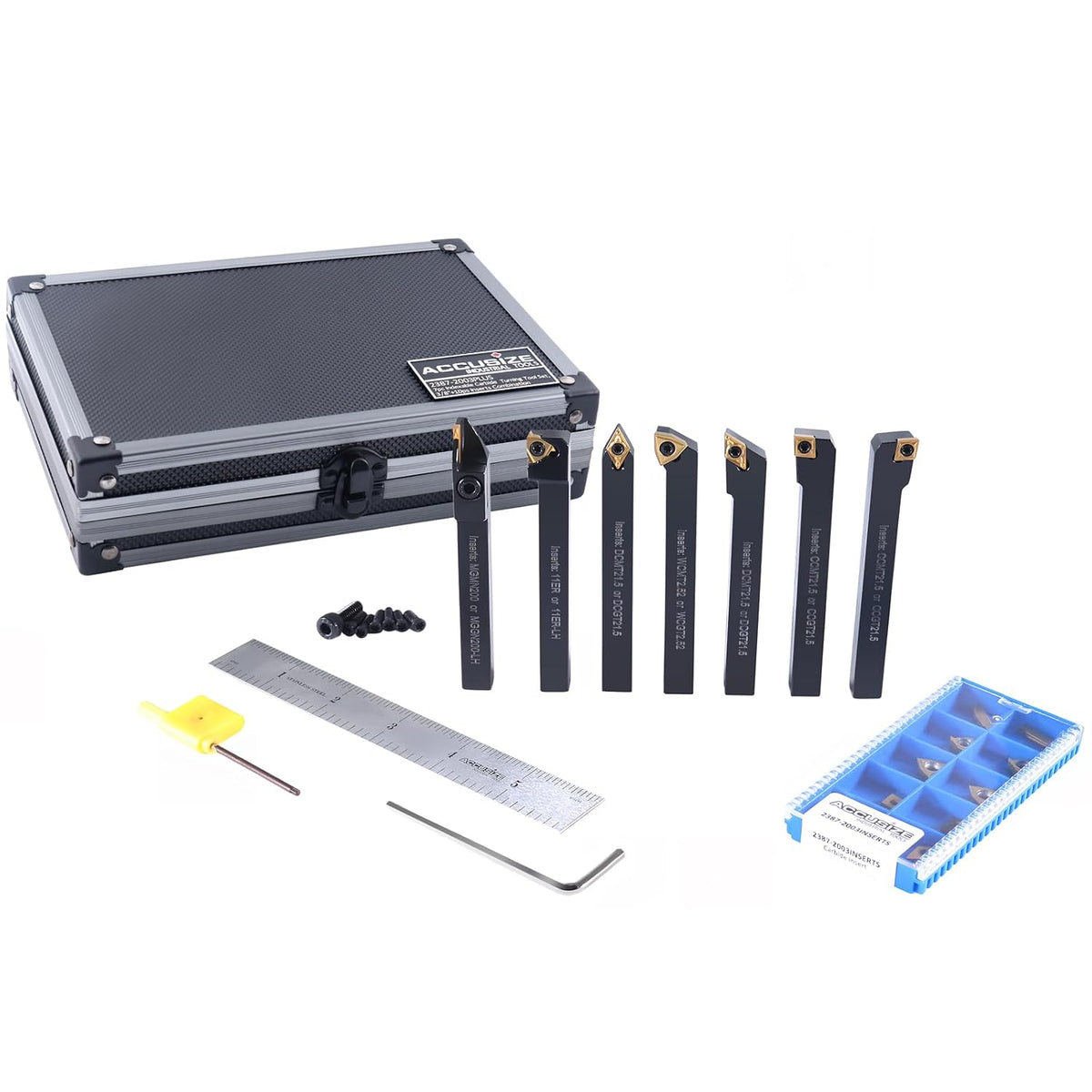 Accusize Industrial Tools 7 Pieces/Set 3/8'' Indexable Carbide Turning Tool Set with 10 Extra Carbide Inserts in Fitted Box, 2387-2003plus