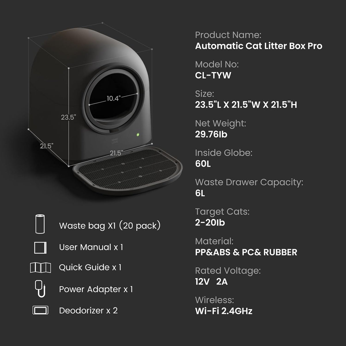 L2 Automatic Self Cleaning Litter Box Smart Robot Odor Control Litter Box,Safety Sensors Anti-Pinch,with APP Control