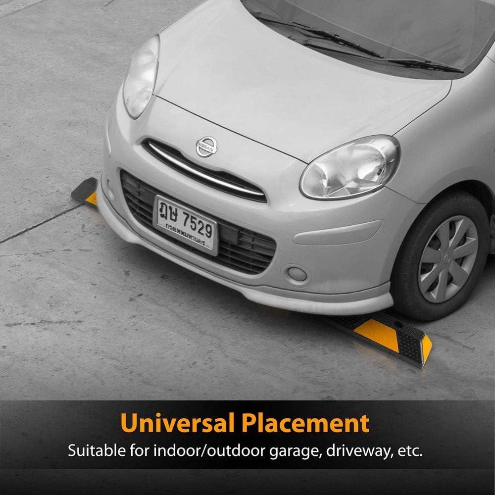 Heavy Duty Wheel Stop Garage Parking Aid for Cars & Trucks - Rubber Parking Curb with Reflective Safety Strips