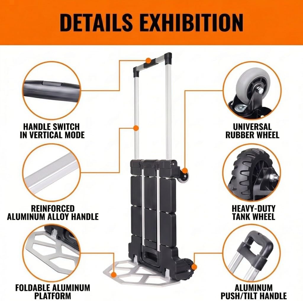 Upgraded 3-in-1 Folding Hand Truck, 500 lbs Capacity Heavy Duty Convertible Dolly Cart with Rubber Wheels