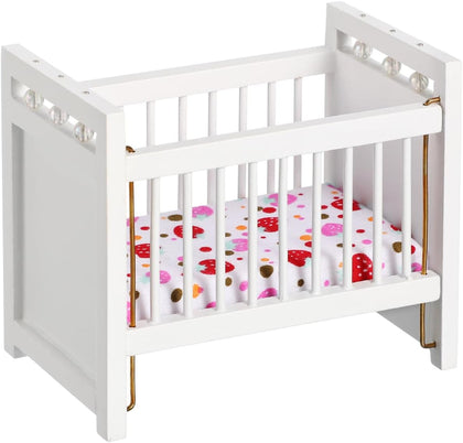 Miniature Dollhouse Crib White Mini Cot: Doll Crib Nursery Furniture with Bedding for Dollhouse Room Decor Pretend
