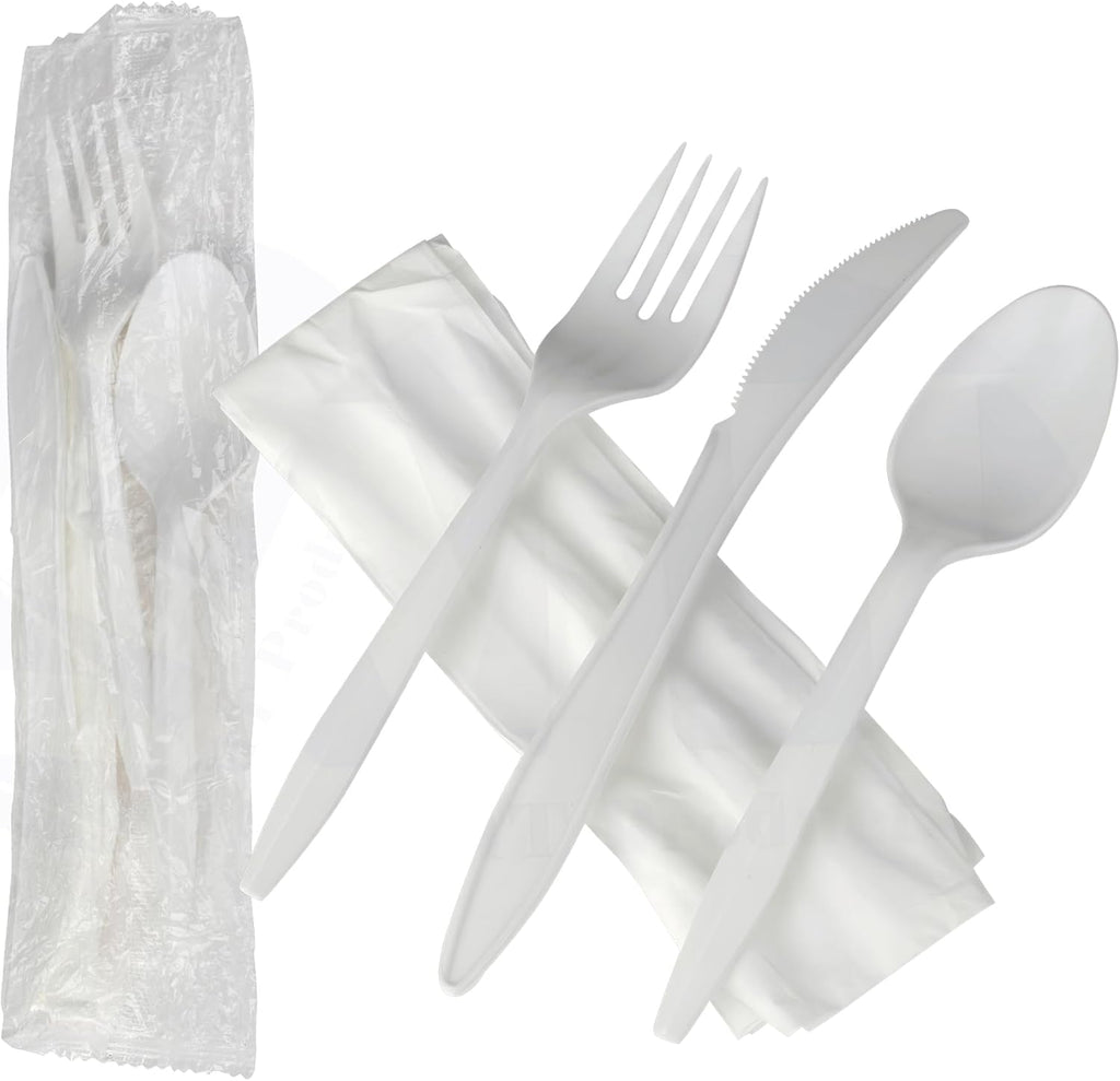 White Individually Wrapped Cutlery Plastic Utensils - Disposable Silverware Set - Pack of 50