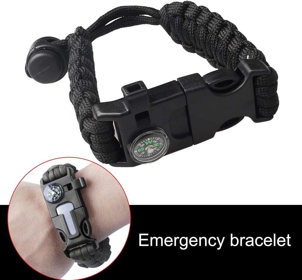 Survival Paracord Bracelet Flint Fire Starter Scraper Compass Wilderness Survival Whistle Adjustable Wristband 2Pack