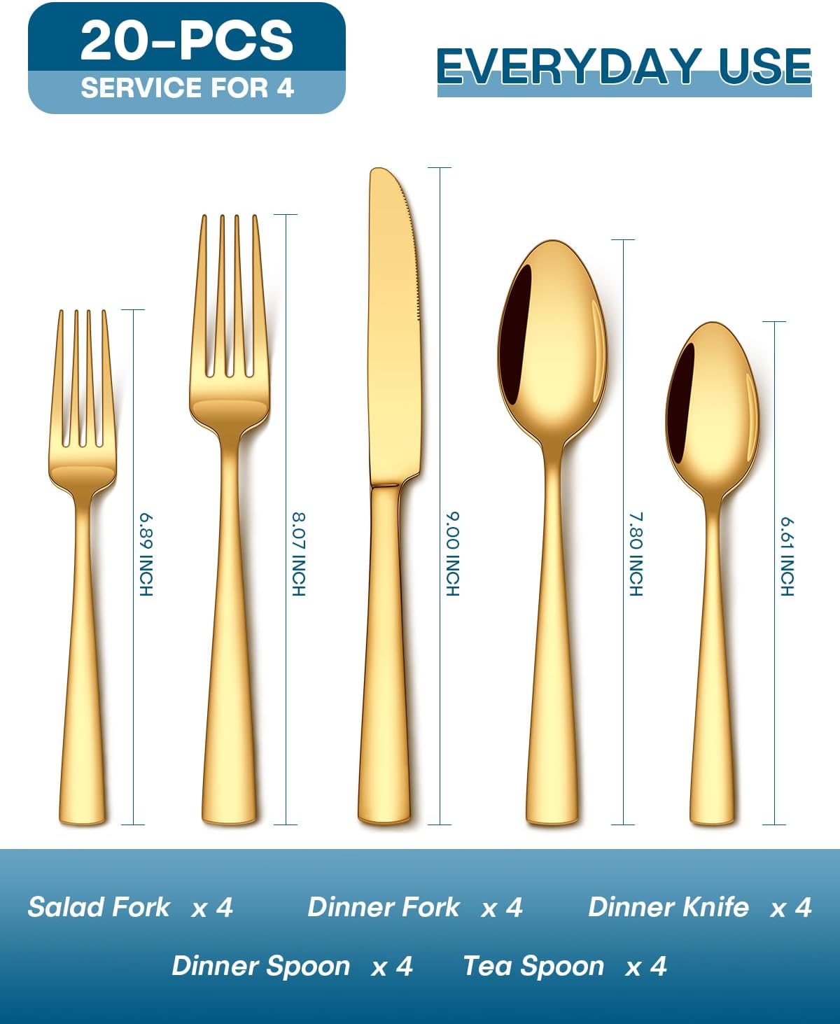 20 Pcs Gold Silverware Set, Food-Grade Stainless Steel Flatware Sets for 4 Mirror Polished Cutlery Utensil Sets