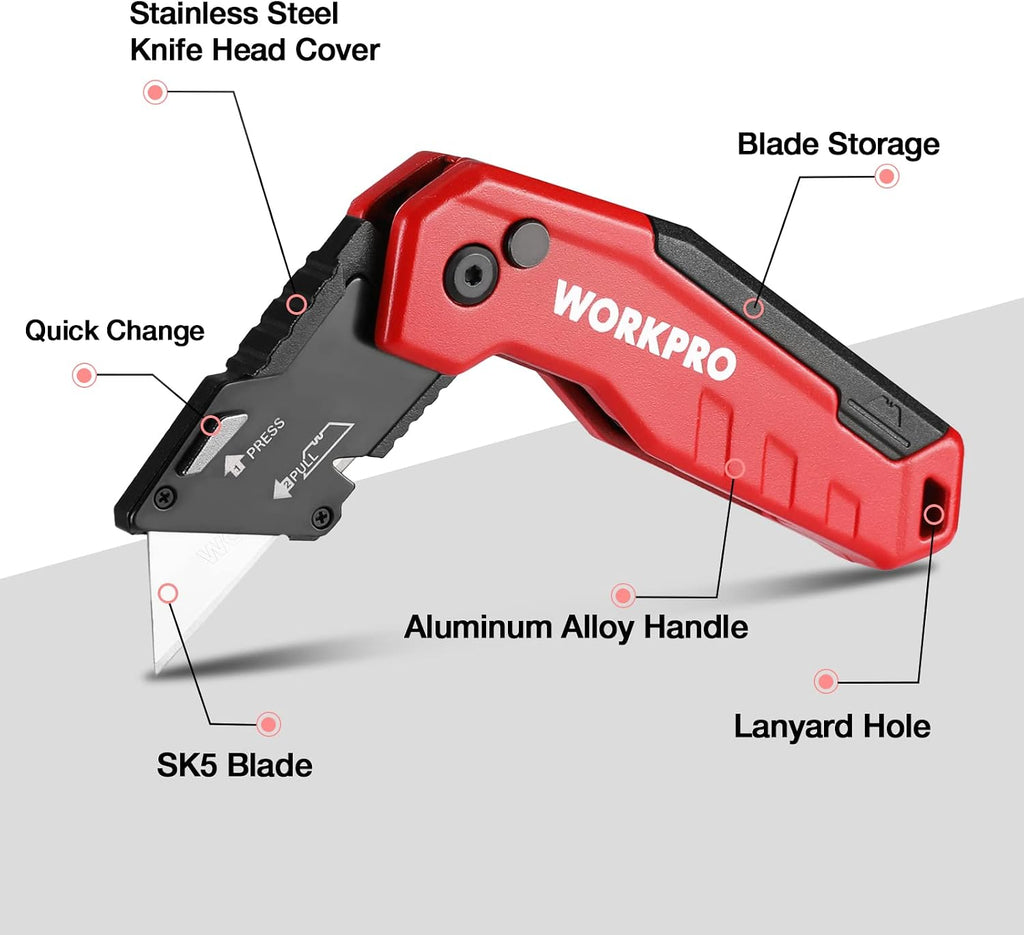 Folding Utility Knife, Quick Change Box Cutter, Red