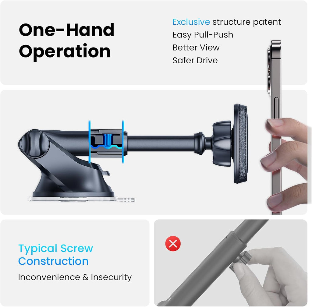 Magnetic Phone Mount for Car, Dashboard & Windshield Suction Cup Holder with Telescopic Arm, Requires Metal Plate for