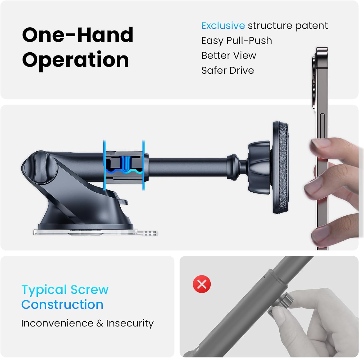 Magnetic Phone Mount for Car, Dashboard & Windshield Suction Cup Holder with Telescopic Arm, Requires Metal Plate for