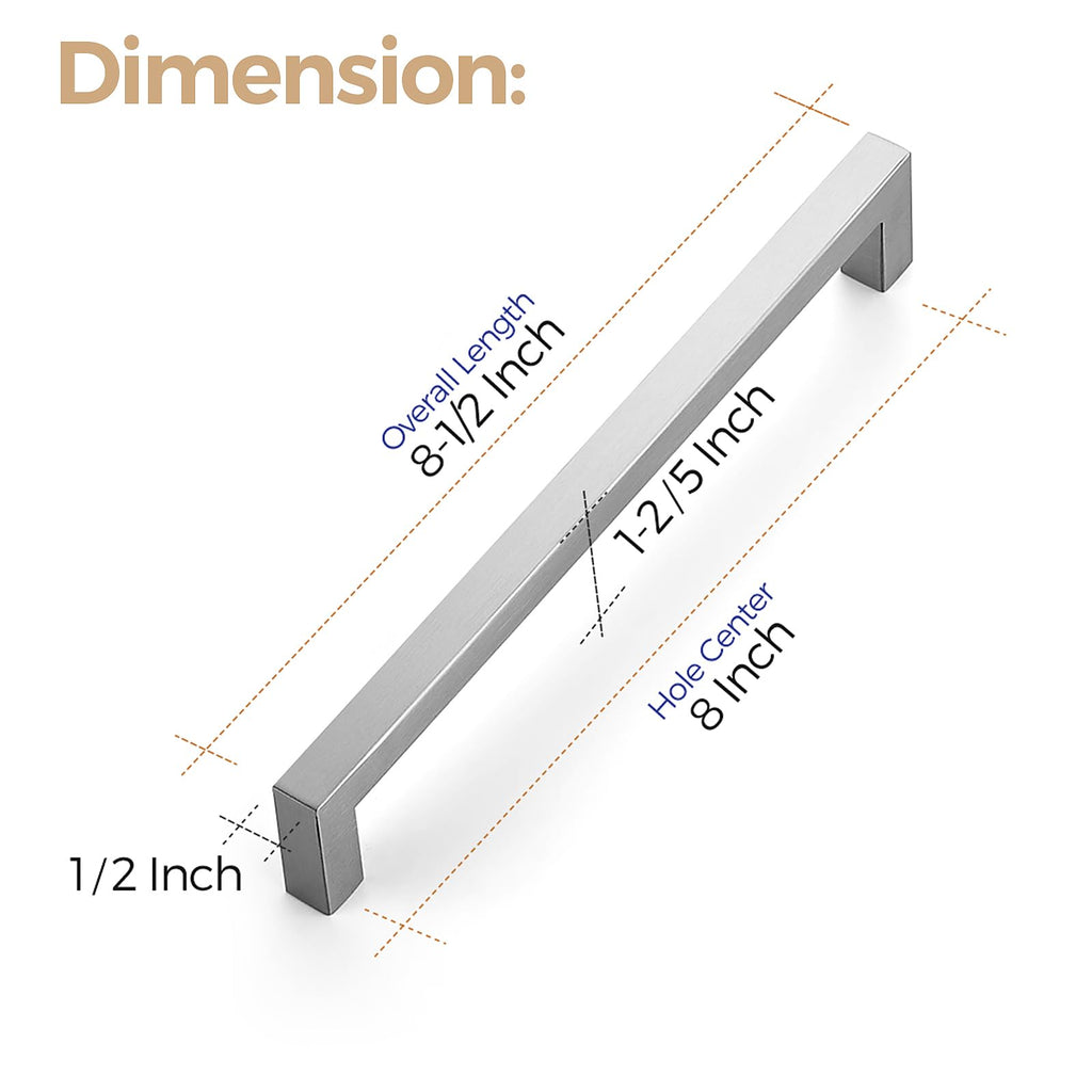 Brushed Nickel Square Cabinet Handles & Pulls,8 Inch,12 Pack