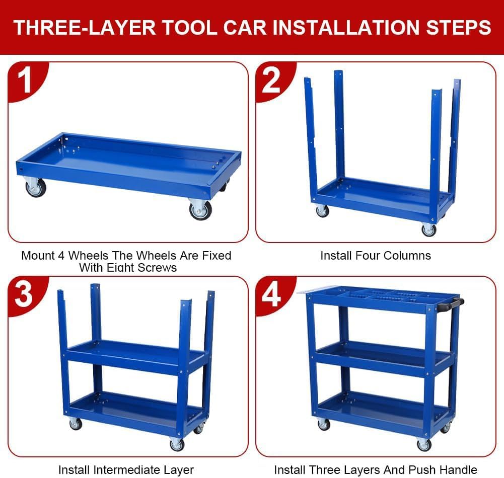 3-Tier Utility Cart,3 Shelves Rolling Carts with Brake Wheels,450lbs Load Capacity,Heavy Duty Mechanic Storage Cart