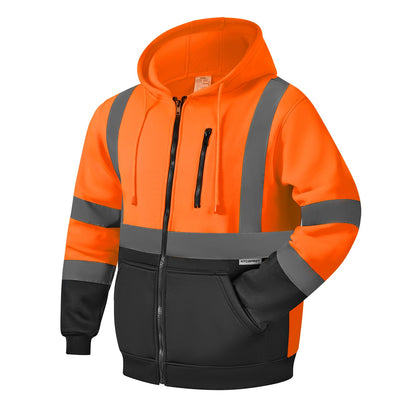 High Visibility Safety Hoodie Hi Vis Safety Sweatshirts with Zipper Fleece Reflective Work Jacket with Black Bottom