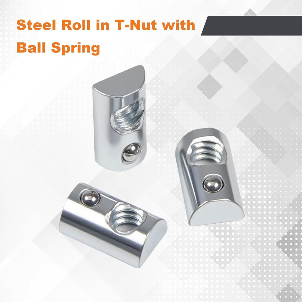 1/4"-20 Threaded Steel Roll in T-Nut with Ball Spring, 22PACK