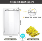 Bread Loaf Packing Bags with Ties, Large Bakery Bread Plastic Bags, 8' x 4' x 18', 100 Pack, Reusable Adjustable