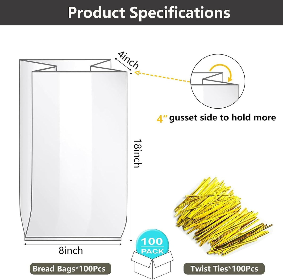 Bread Loaf Packing Bags with Ties, Large Bakery Bread Plastic Bags, 8' x 4' x 18', 100 Pack, Reusable Adjustable
