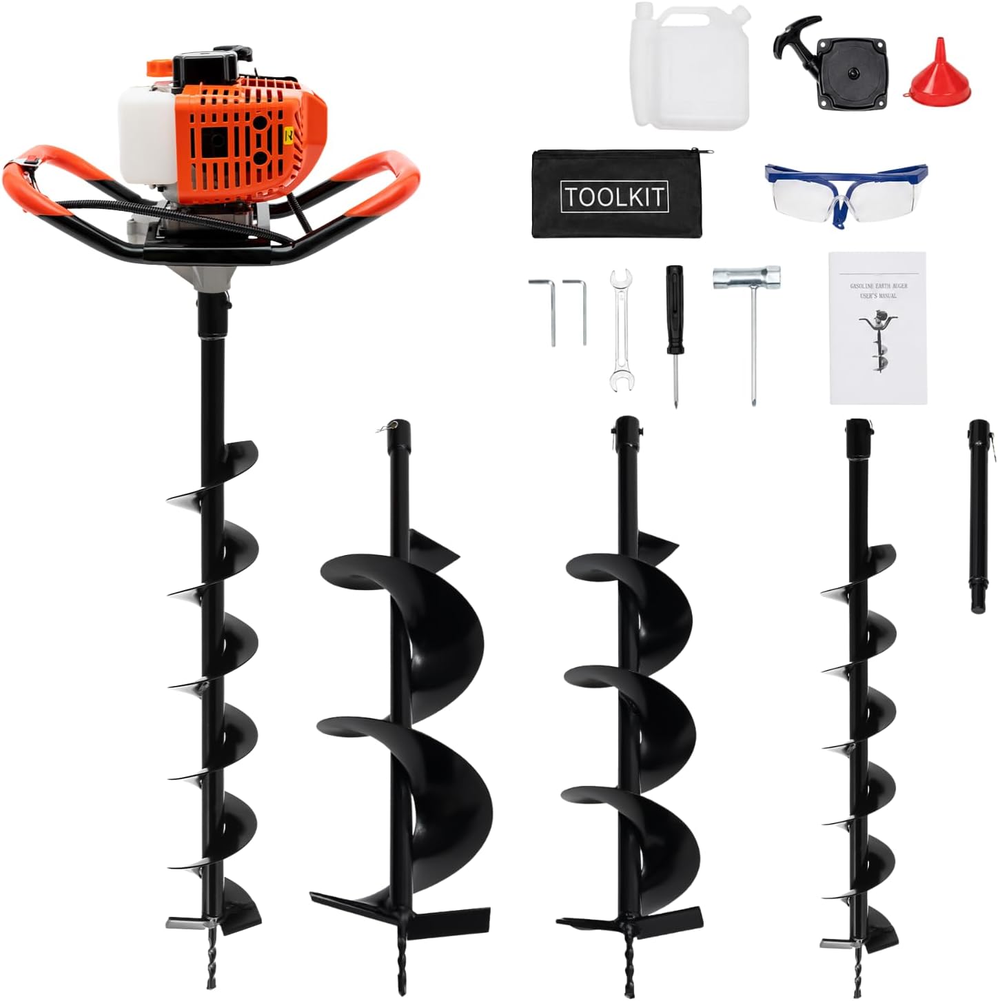 52CC Gas Powered Post Hole Digger, 2.3HP 2-Stroke Earth Auger with 3 Auger Bits (4", 6", 8") and Extension Rod