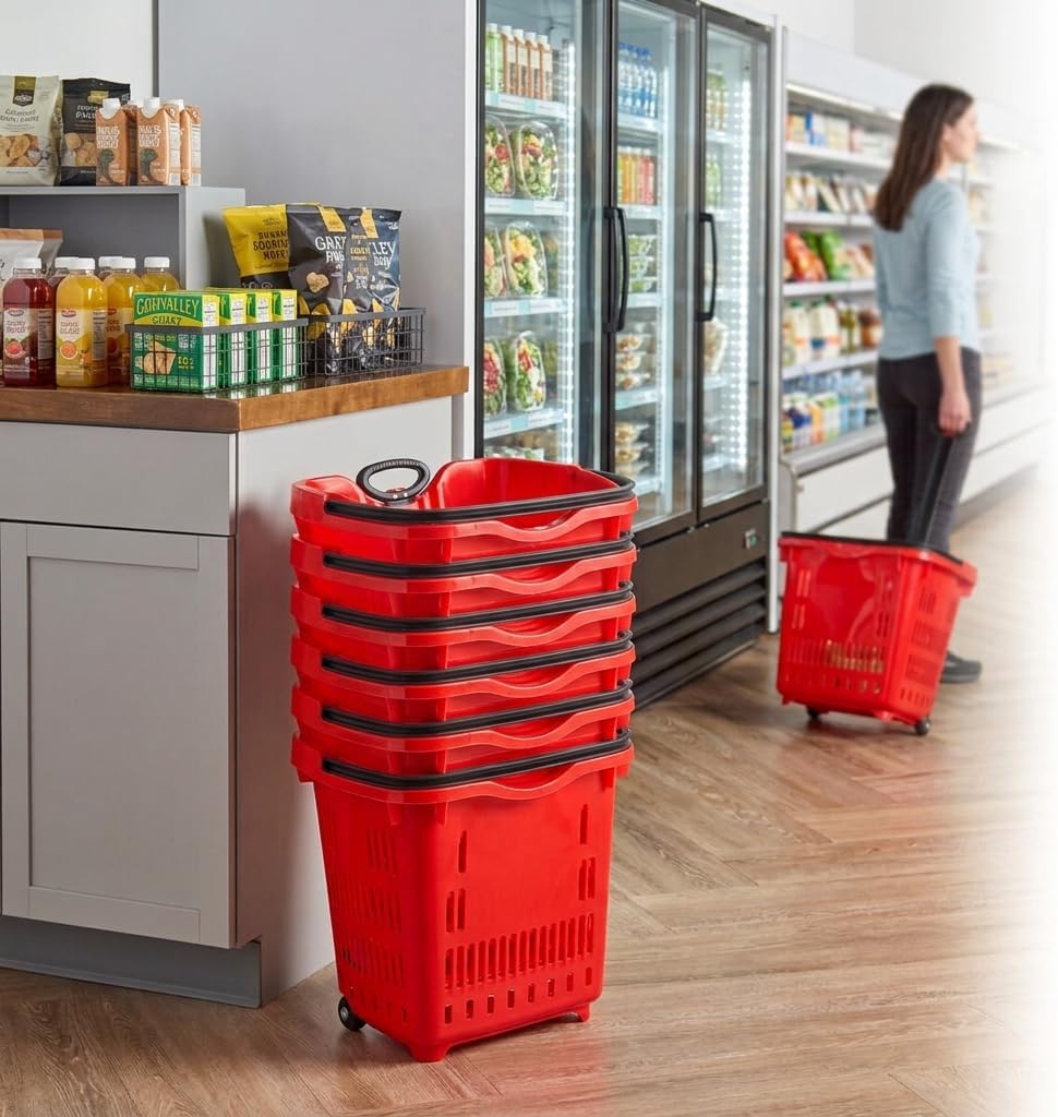 Red Plastic Shopping Basket with Wheels, 21.25 x 16.5 Inch, 45 lb Capacity, Stackable, Telescopic Handle, 6 Pack