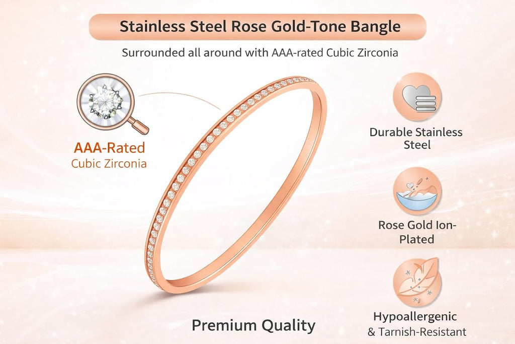 Stainless Steel Skinny Sleek Bangle with White CZ, Silver-Tone Bracelet, 8-Inch, Elegant Minimalist Design, Perfect