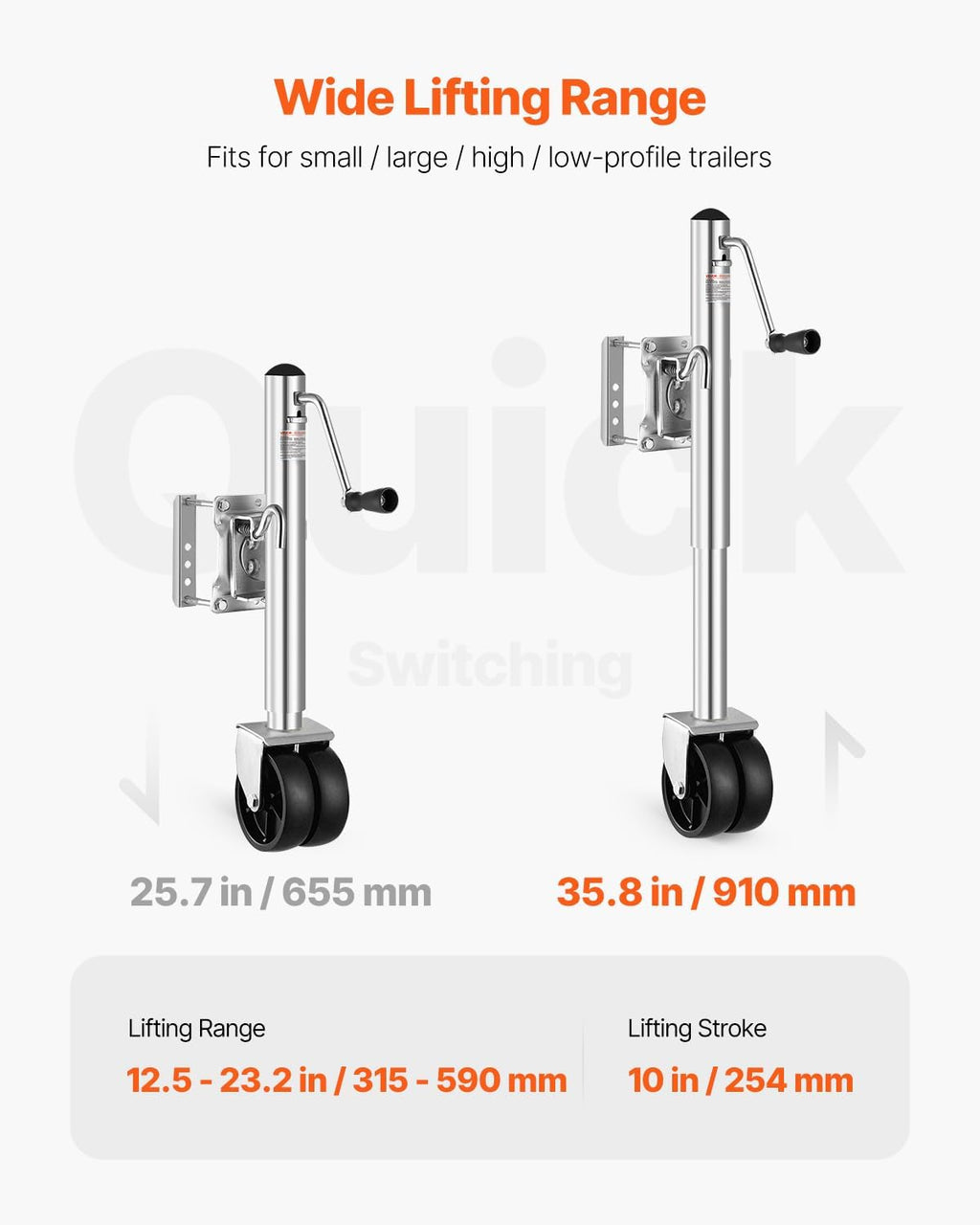 Trailer Jack with Wheel, 2000 lbs Load Capacity, Heavy Duty Swivel Boat Trailer Jack with PP Single Wheel & Ergonomic