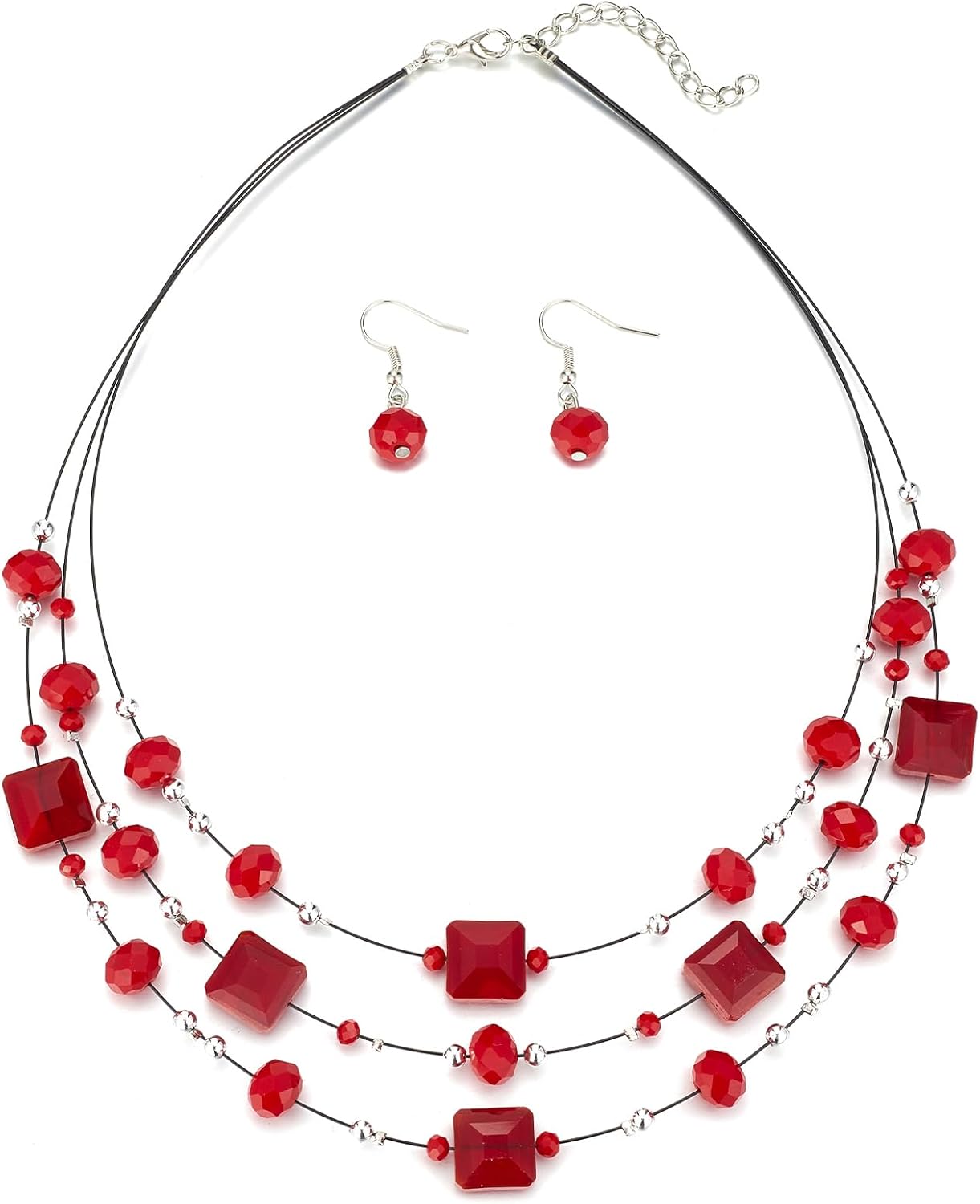 Layered Silver Beaded Necklace for Women Square Crystal Beads Statement Collar Necklace and Earrings Fashion Costumes