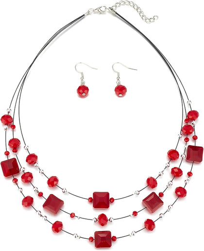 Layered Silver Beaded Necklace for Women Square Crystal Beads Statement Collar Necklace and Earrings Fashion Costumes