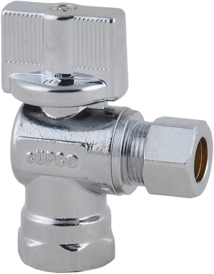 Valve- 1/4 Turn Angle Stop Valve 3/8-in FIP Iron Pipe x 3/8-in OD Compression,Quarter Turn LF Chrome Plated Brass