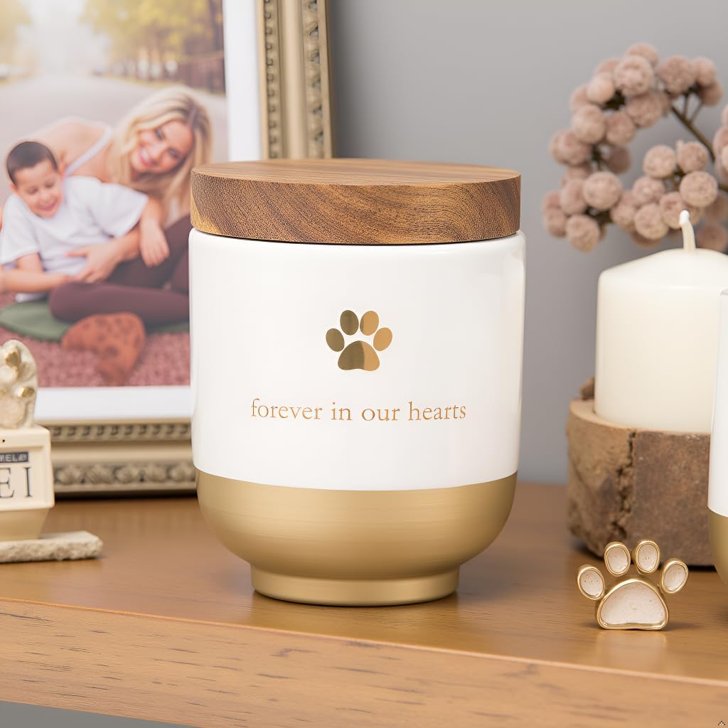 Pet Ceramic Forever in Our Hearts Urn, Pet Memorial, Gold