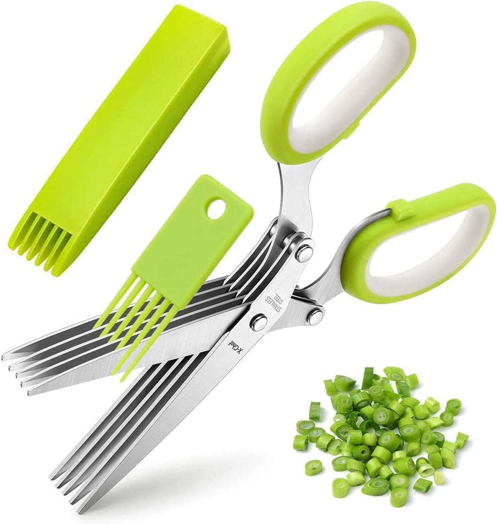 Herb Scissors, X-Chef Multipurpose 5 Blade Kitchen Herb Shears Herb Cutter with Safety Cover and Cleaning Comb for