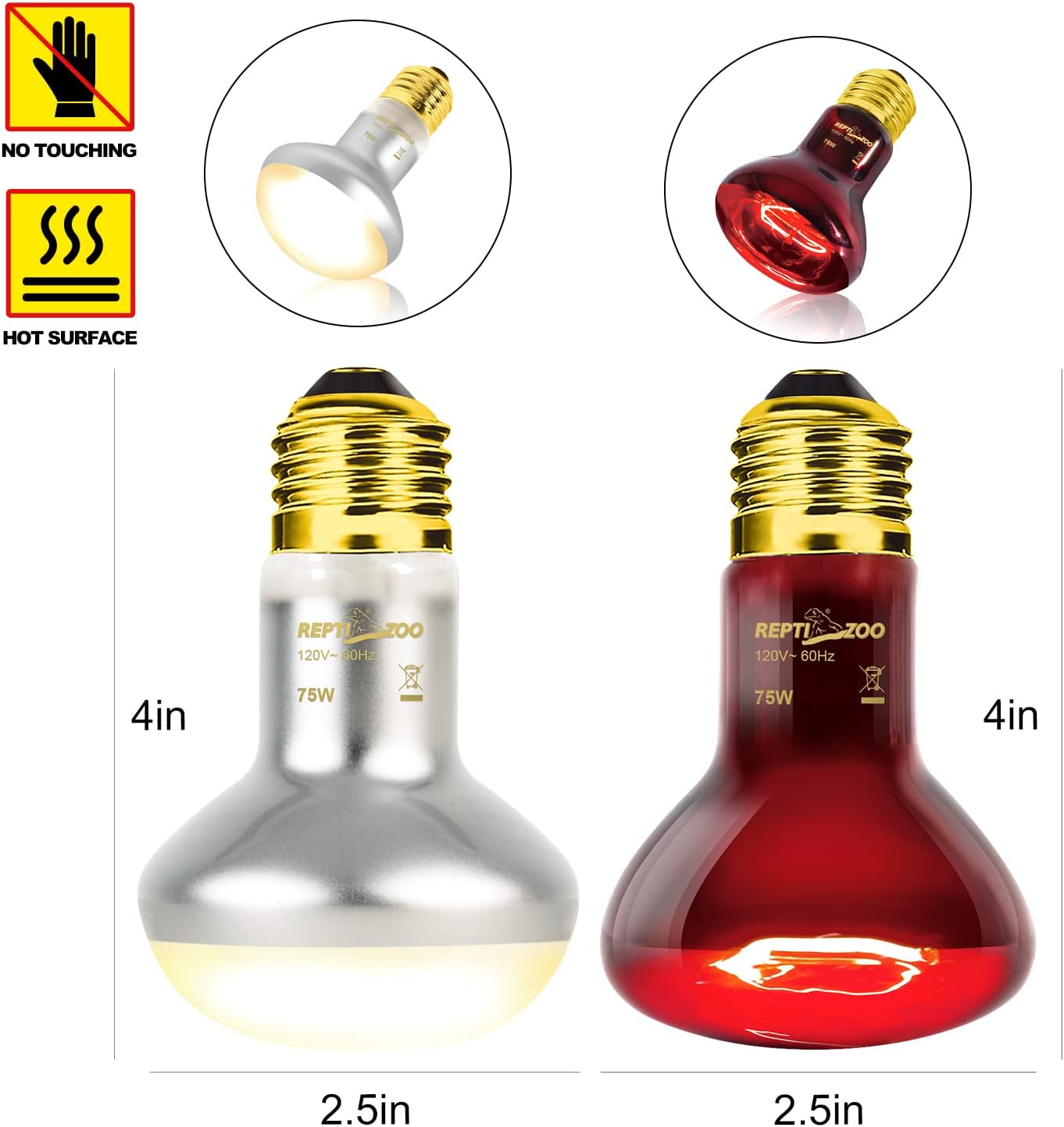 75W Reptile Heat Lamp Bulb, 2PCS Day & Night Basking Spot Light Combo Pack Includes Infrared Heat Lamp and UVA