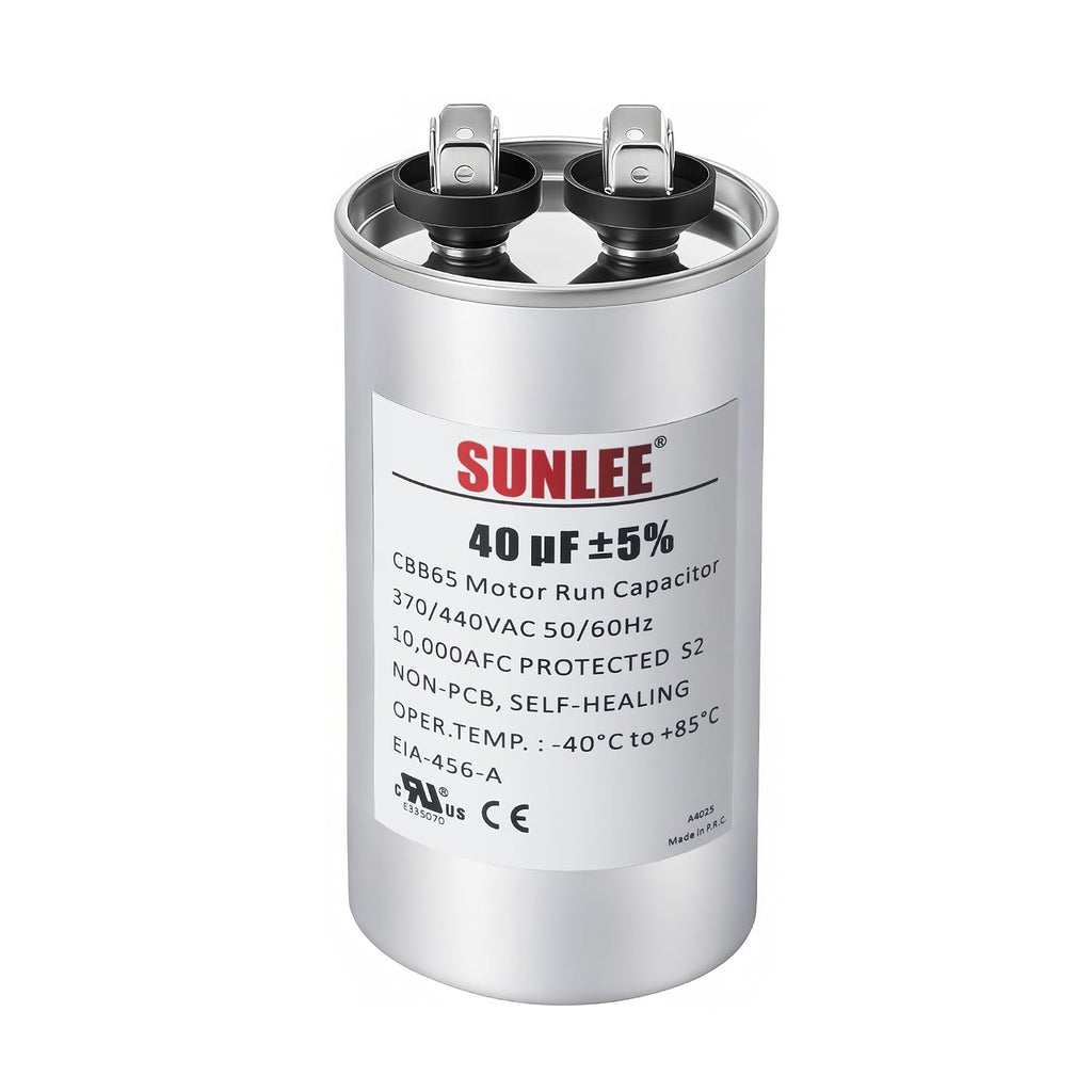 SUNLEE UL Recognized Single Run 40 uF (40 MFD) 370/440 VAC CBB65 Capacitor, 50/60 Hz, Reliable Replacement for AC Condenser Fan Motor, Heat Pump or Pool Pump