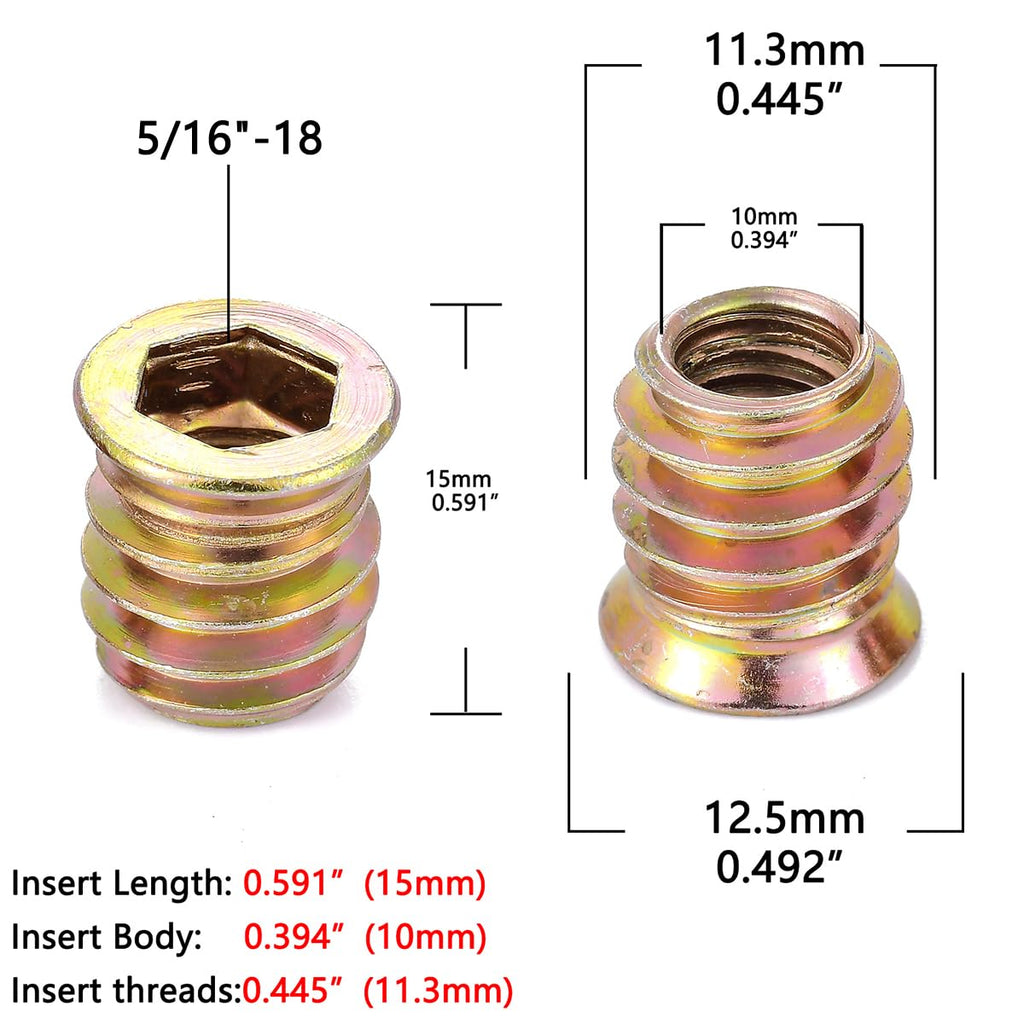 30 Pcs 5/16"-18x15mm Threaded Inserts for Wood Woodworking Furniture