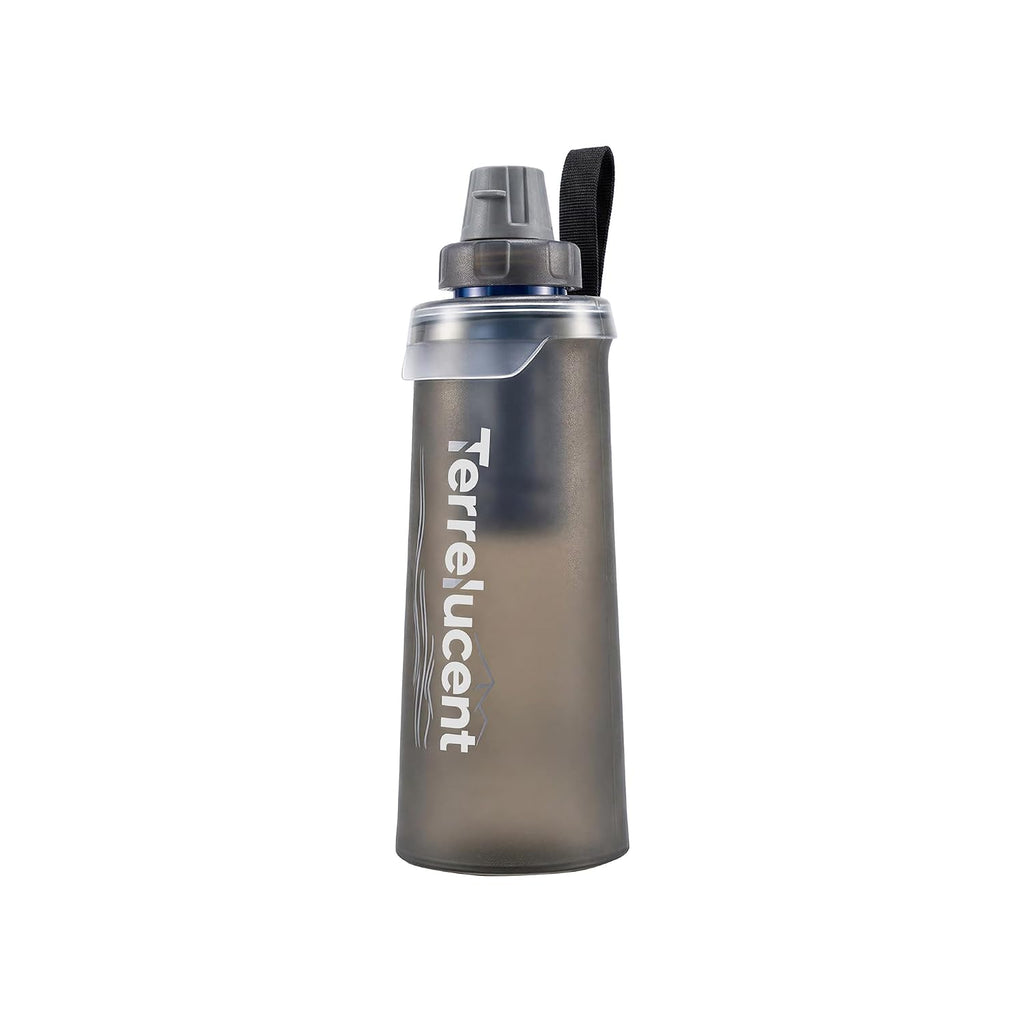 Collapsible Water Filter Bottle with Carabiner, 750ml | Gray, 0.1 μm Hollow Fiber Membrane & Activated Carbon