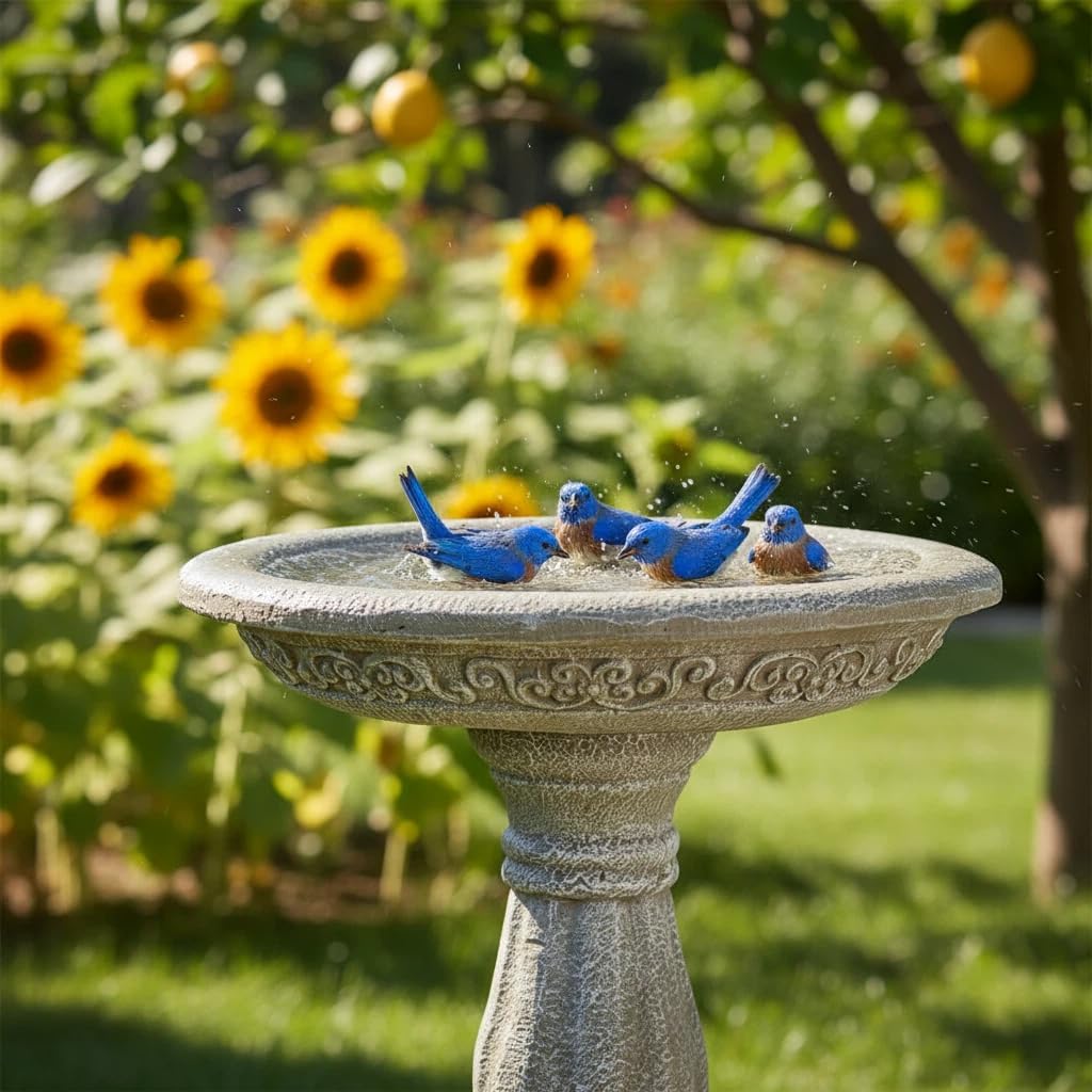 23.8 Inch High Concrete Bird Bath with Carved Pedestal – Birdbath Sturdy & Elegant Design, Stone-Like Texture