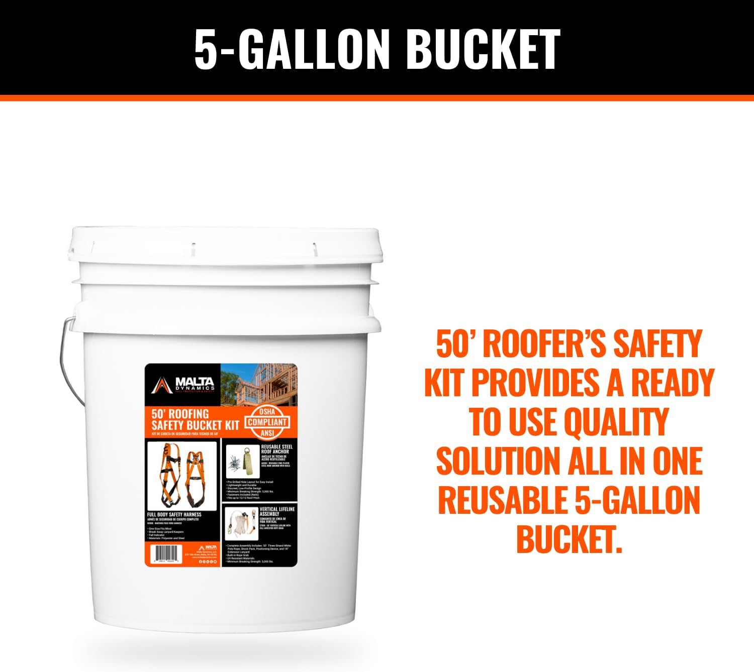 50’ Roofer's Safety Bucket Kit – Warthog Pass-Thru Safety Harness, Reusable Roof Anchor, and 50’ Vertical Lifeline