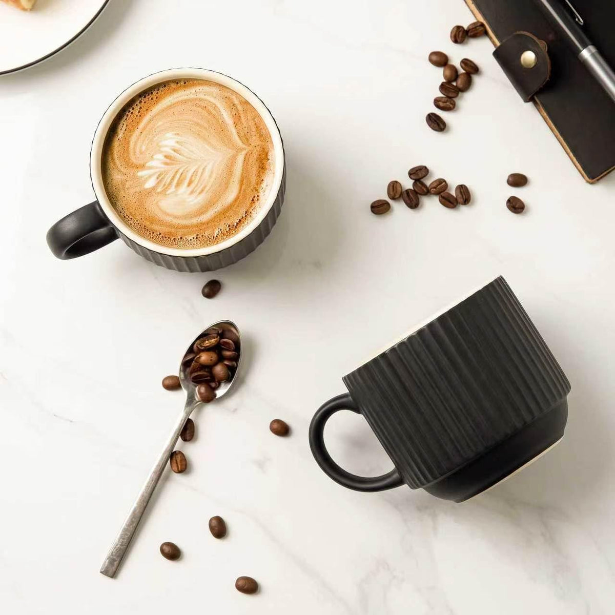 Coffee Mug Ceramic Set of 4 with Stand, Stackable Large Latte Cups with Metal Stand, Dishwasher & Microwave Safe