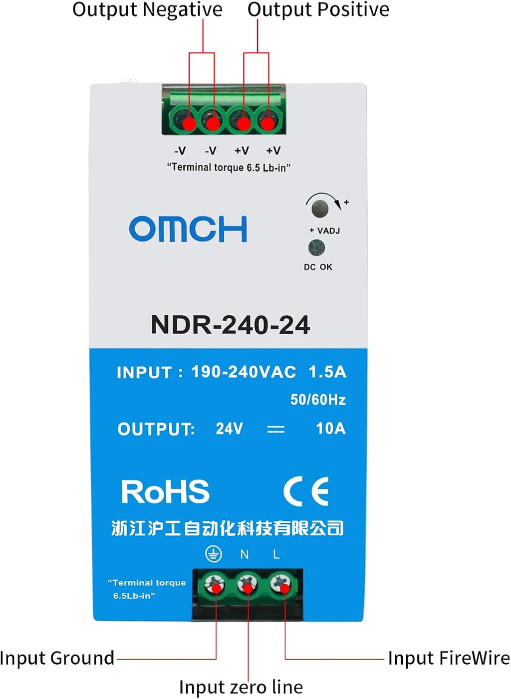 24V 10A DIN Rail Power Supply, 240W Switching Power Supply