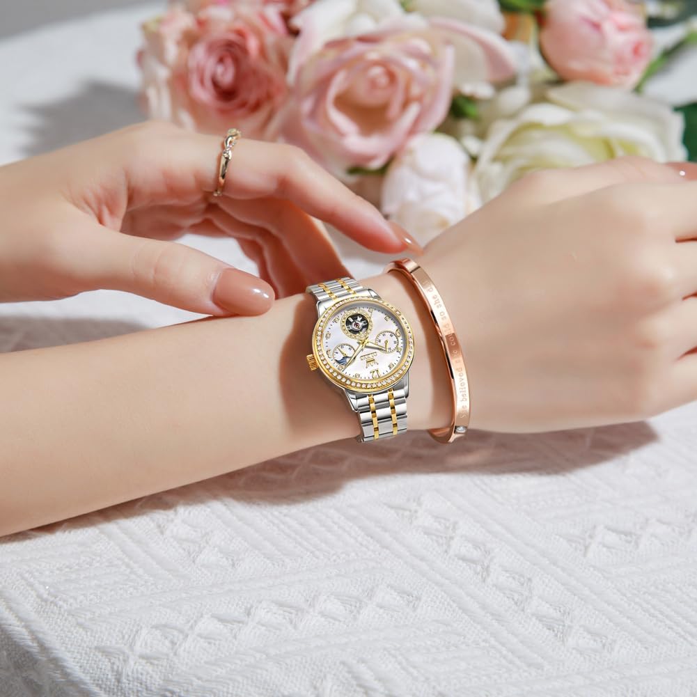 Womens Mechanical Watch Diamond Tourbillon Elegant Dress Stainless Steel Waterproof 30M Luminous Ladies Watches Set Gift