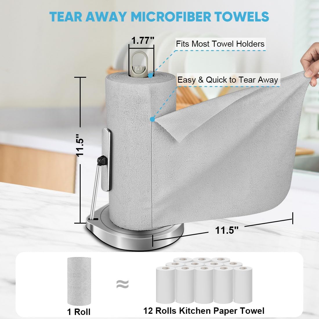 Microfiber Cleaning Cloth Roll, Grey 75PK, Reusable Paper Towels Tear Away Cloth, Microfiber Towels for Cars, Wash