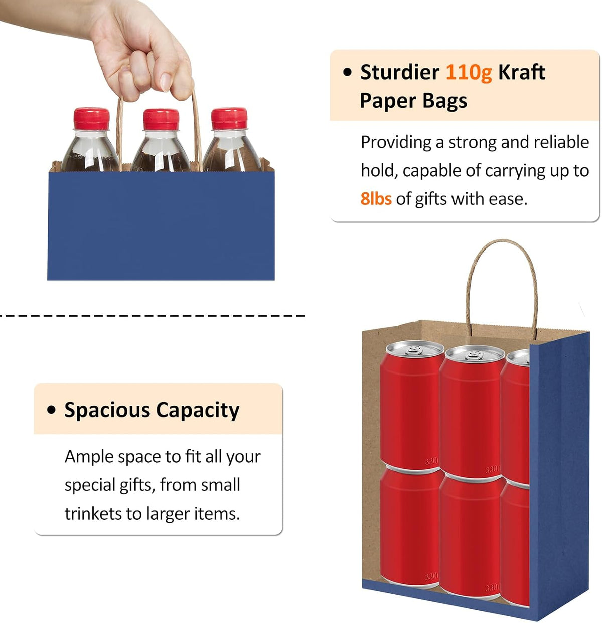 Gift Bags with Handles 8x4.25x10.5 Inch Navy Blue 25 Pack