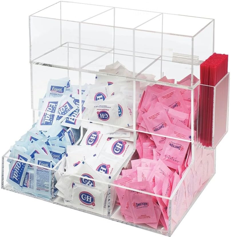 Acrylic Coffee Station & Condiment Organizer – Modular Detachable Top Tier – 6 Compartments for Sugar Packets