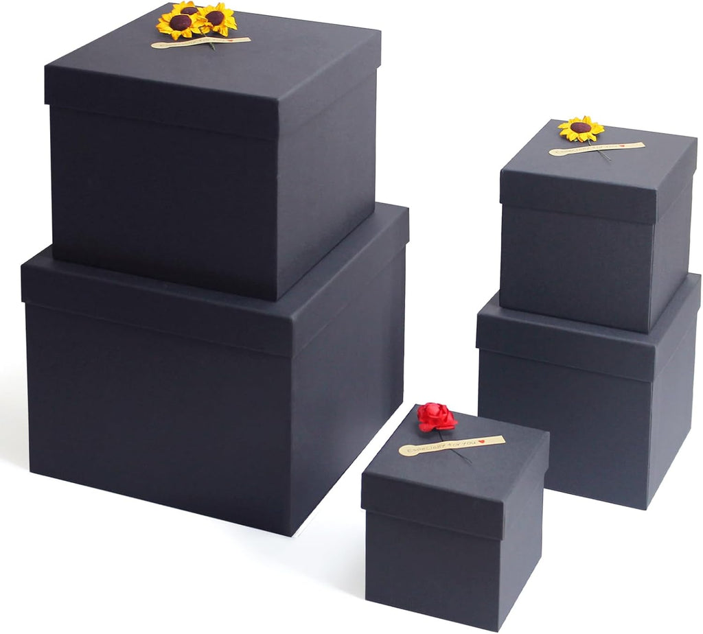 Black Gift Boxes for Presents -Nesting Set of 5 Square Gift Boxes with Lids in Assorted Sizes - Sturdy Gift Wrap