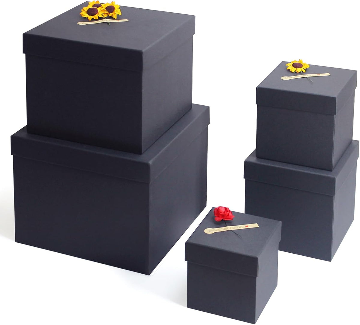 Black Gift Boxes for Presents -Nesting Set of 5 Square Gift Boxes with Lids in Assorted Sizes - Sturdy Gift Wrap