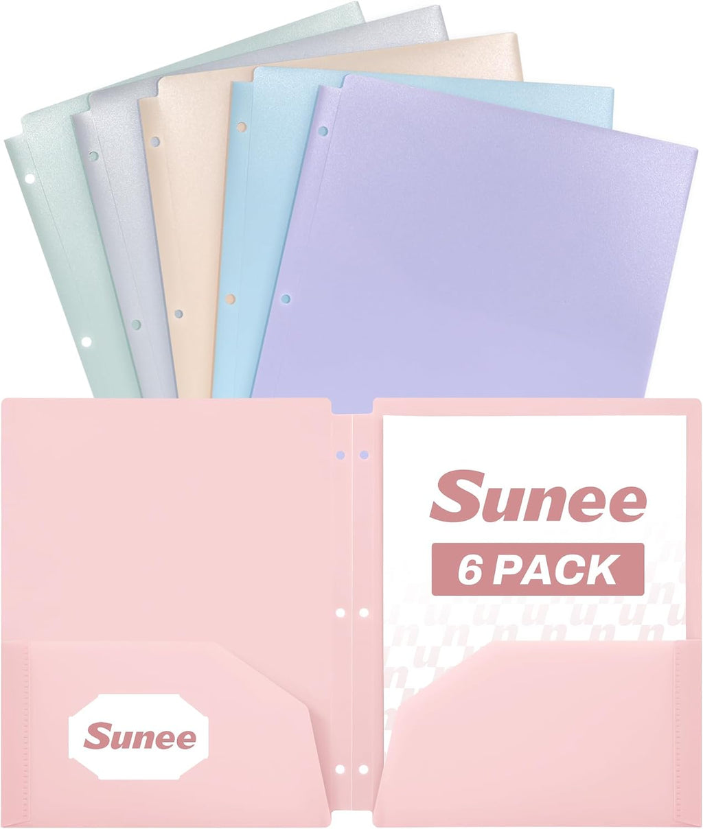 3 Hole Pocket Folders (6 Pack, Pastel Color), Plastic Pocket Folders for 3 Ring Binder, 3-Hole Punched Folder with