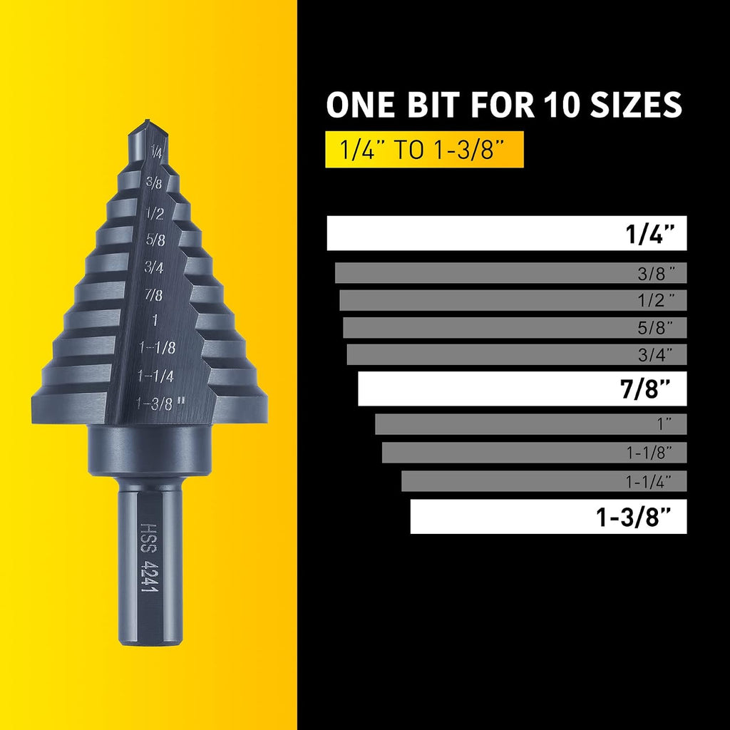 Anfrere 10 Sizes Step Drill Bit for Metal Sheet, 1/4 to 1-3/8 Inches