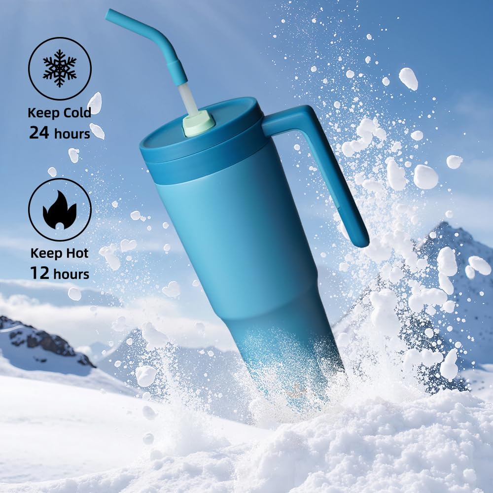40 oz Tumbler with Handle and Straw, Insulated Water Bottle | Dark Blue; BPA-free, leak-resistant tumbler with fruit