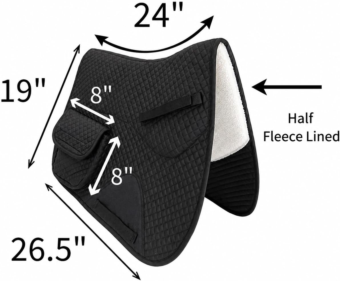 Premium English Saddle Pad with Storage Pockets, Half Fleece Lined for Comfort, Shock Absorbing Wither Relief Design